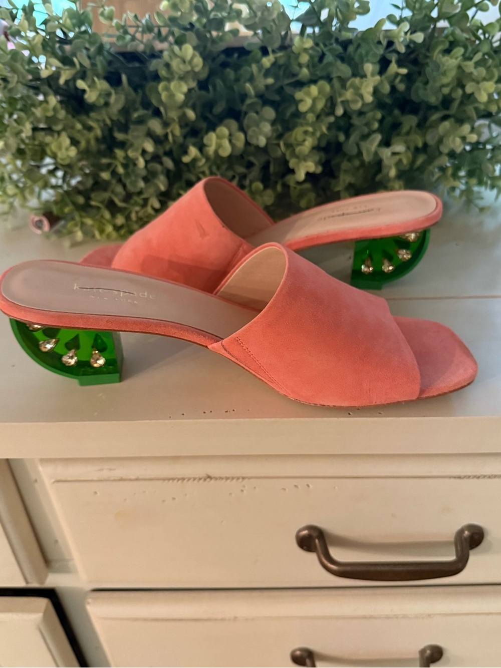 Kate Spade Pink Suede Mules Sandals with Jewel-Embellished Watermelon Heel 8.5